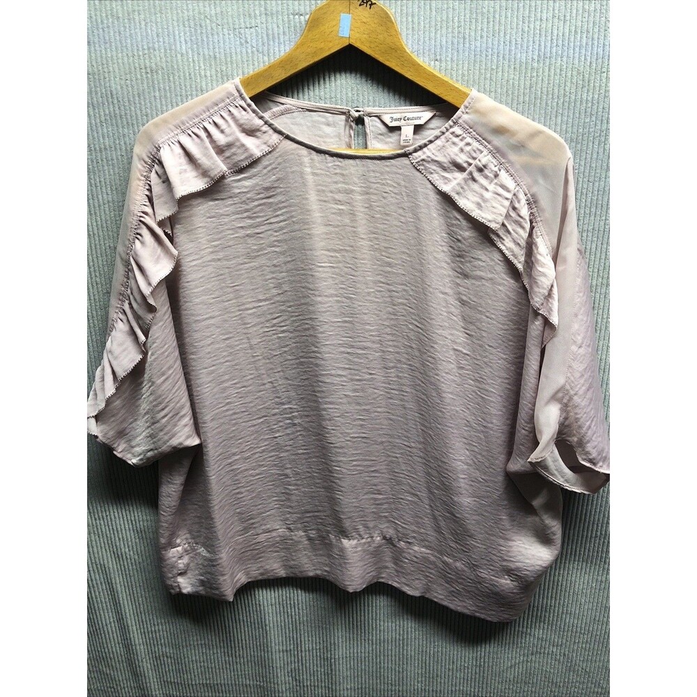 Juicy Couture Blouse Size Large Muted Pink Ruffle Sheer Shoulder Crinkle